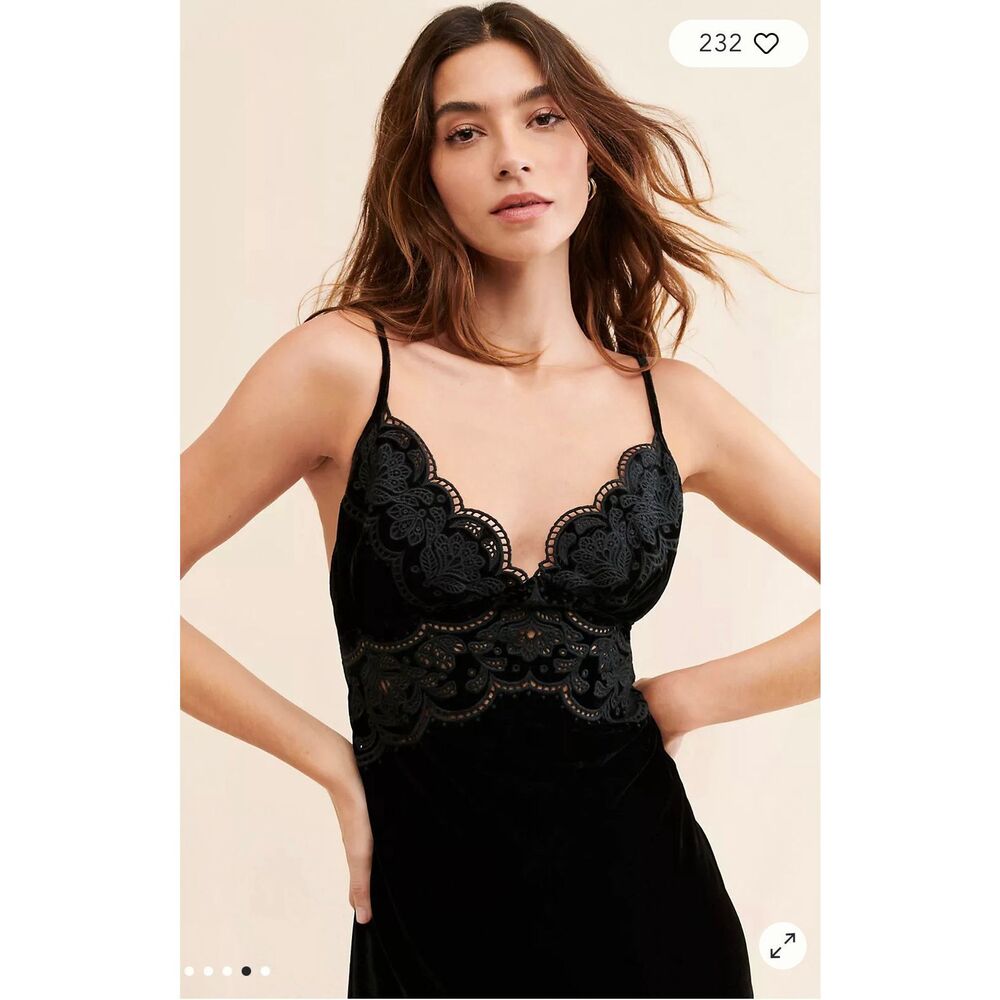FARM Rio Size L Richelieu Velvet Slip Dress Black Embellished Midi Open Back - Picture 2 of 13